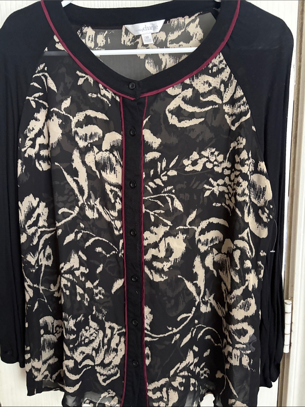 Charming Charlie Black Floral Button-Front Top with Burgundy Trim